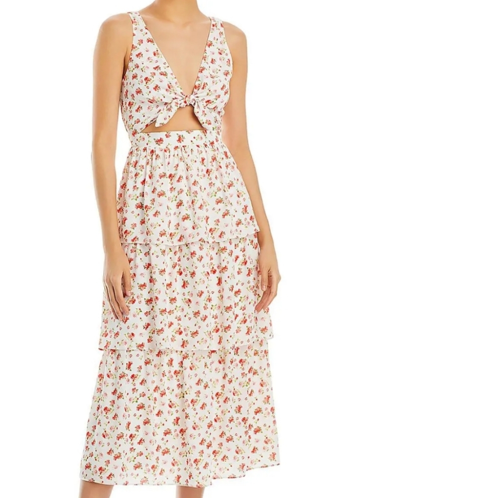 WAYF Tie Front Cutout Floral Chiffon Midi Dress Tiered Summer Sz Medium